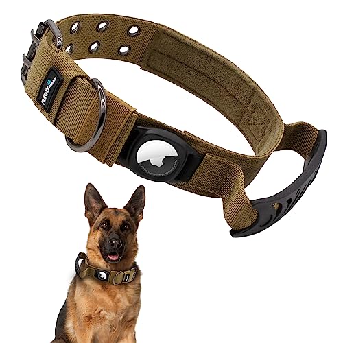 Furry Friends Airtag Hundehalsband, Taktisches Gepolstert Nylon Halsband Hund mit Griff, Verstellbare Metallschnalle GPS Hundehalsbänder für Mittlere Große Hunde(XL, Braun) von Furry friends