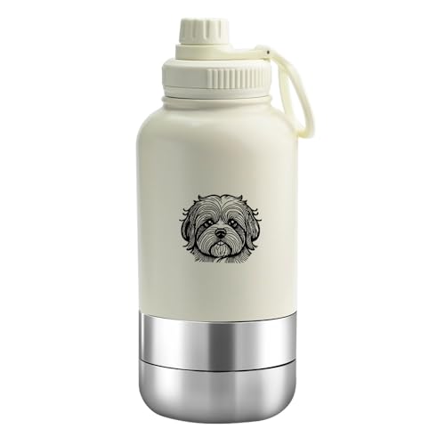 Hunde-Wasser- und Flaschen-Reise-Spender – auslaufsichere Edelstahlkantine für unterwegs – isolierte Haustier-Wasserflasche mit integriertem Trinknapf (Creme, 32 onz) von Furry Pets