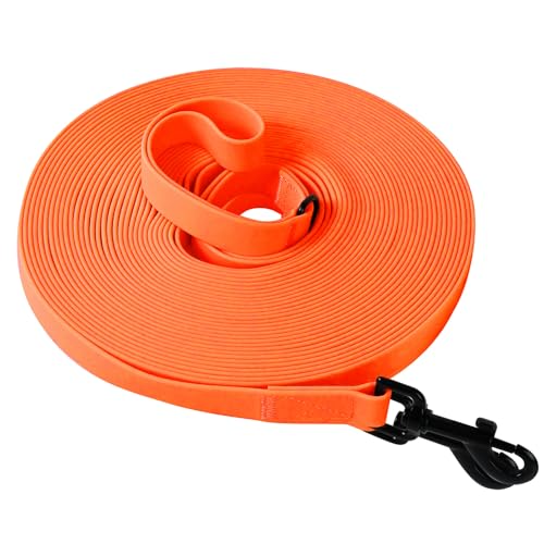 Wasserdicht Schleppleine für Hunde, Schleppleine 5m/10m/15m/20m mit Handgriff und D-Ring, Leicht zu Reinigen Gummierte Hundeleine Trainingsleine für Kleine Mittlere Große Hunde, Neon Orange, 5M von Furry friends