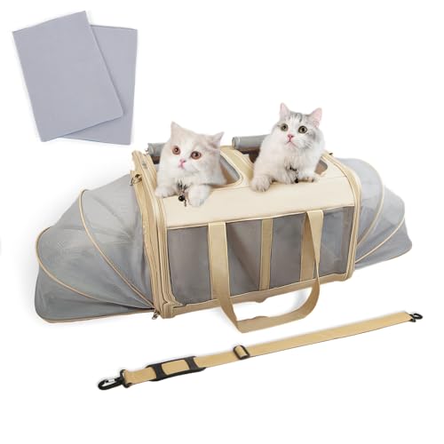 Furryilla Katzentransportbox Transporttasche für 2 Katzen, Faltbarer Cat Carrier Hundebox, 53 x 44 x 33 cm Erweiterbar Hundetransportbox Tragetasche Katze katzentasche zu 16kg (Cream01) von Furryilla