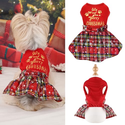 Hund Weihnachtskleid Frohe Weihnachten Hundekleidung Plaid Hundekleider für kleine Hunde Mädchen Haustier Hund Weihnachtsoutfit Rot Xmas Kleid für Hunde (XS, rotes Kleid) von Furrymong