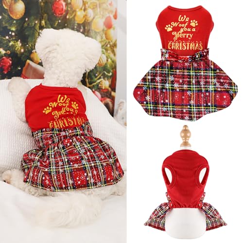 Hund Weihnachtskleid Frohe Weihnachten Hundekleidung Plaid Hundekleider für kleine Hunde Mädchen Haustier Hund Weihnachtsoutfit Rot Xmas Kleid für Hunde (klein, rotes Kleid) von Furrymong