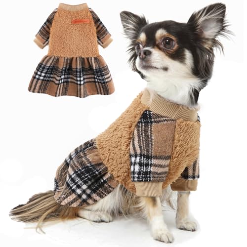 Winter Warme Hundekleider für kleine Hunde Fleece Hund Pullover Kleid Weich Dehnbar Haustier Hund Pullover Welpen Kleidung Katze Kleidung für kaltes Wetter (Gelbes Plaid, Small) von Furrymong