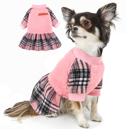 Winter Warme Hundekleider für kleine Hunde Fleece Hund Pullover Kleid Weich Dehnbar Haustier Hund Pullover Welpen Kleidung Katze Kleidung für kaltes Wetter (Rosa Plaid, Small) von Furrymong