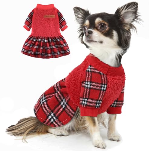 Winter Warme Hundekleider für kleine Hunde Fleece Hund Pullover Kleid Weich Dehnbar Haustier Hund Pullover Welpen Kleidung Katze Kleidung für kaltes Wetter (Rotes Plaid, X-Small) von Furrymong