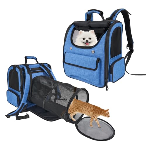 Katzentragerrucksack für große Katzen, Haustier-Rucksack, Tragetasche für kleine Hunde, erweiterbarer Katzenrucksack bis zu 6,8 kg, faltbarer Katzen-Tragerucksack für Reisen, Wandern (Blau) von Furtent