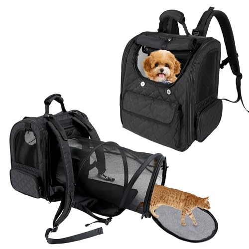 Katzentragerrucksack für große Katzen, Haustier-Rucksack, Tragetasche für kleine Hunde, erweiterbarer Katzenrucksack bis zu 6,8 kg, faltbarer Katzen-Tragerucksack für Reisen, Wandern (Schwarz) von Furtent