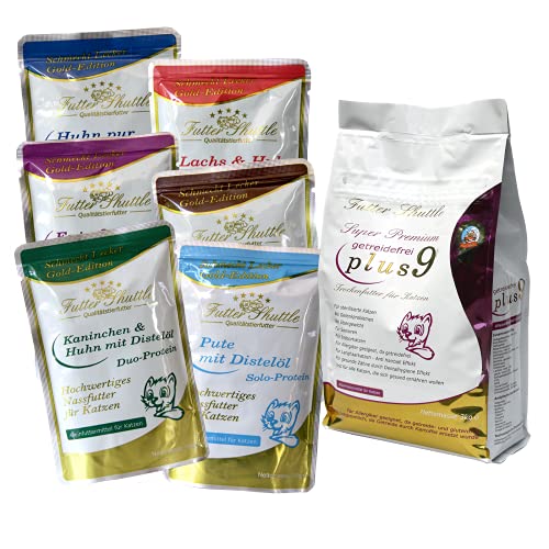 Sparpaket Getreidefreies Katzenfutter. Getreidefreies Katzen Trockenfutter Plus 9 und Nassfutter Gold Edition in Spitzenqualität. von Futter Shuttle