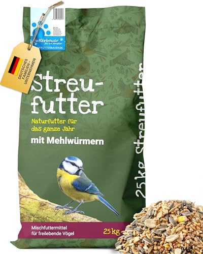 Futterbauer Streufutter schalenlos mit Mehlwürmern 25 kg, getrocknet, Ganzjahres-Vogelfutter ohne Schalen, mit proteinreichen Mehlwürmern für Wildvögel von Futterbauer