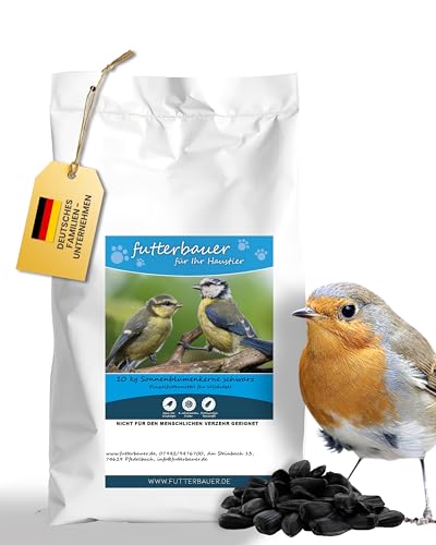 Futterbauer 10 kg Schwarze Sonnenblumenkerne für Vögel, 100% Natur, Hochwertige Energiequelle für Wildvögel, Hoher Fett- & Vitamin-E-Gehalt, Gereinigt & Getrocknet mit Schale, Ernte 2024 von Futterbauer