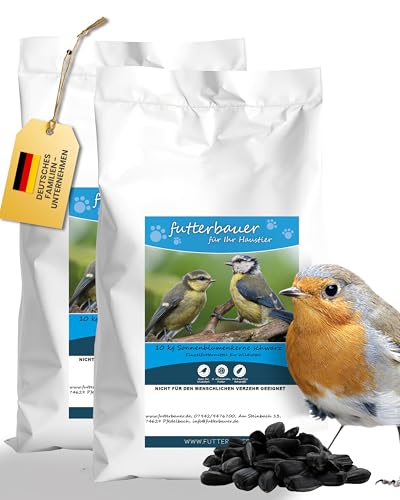 Futterbauer 2 x 10 kg Schwarze Sonnenblumenkerne für Vögel, 100% Natur, Hochwertige Energiequelle für Wildvögel, Hoher Fett- & Vitamin-E-Gehalt, Gereinigt & Getrocknet mit Schale, Ernte 2024 von Futterbauer