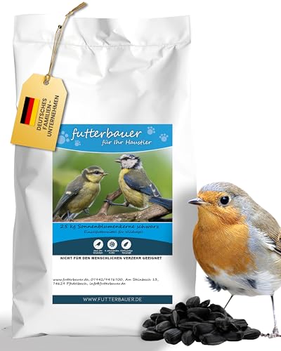 Futterbauer 25 kg Schwarze Sonnenblumenkerne für Vögel, 100% Natur, Hochwertige Energiequelle für Wildvögel, Hoher Fett- & Vitamin-E-Gehalt, Gereinigt & Getrocknet mit Schale, Ernte 2024 von Futterbauer