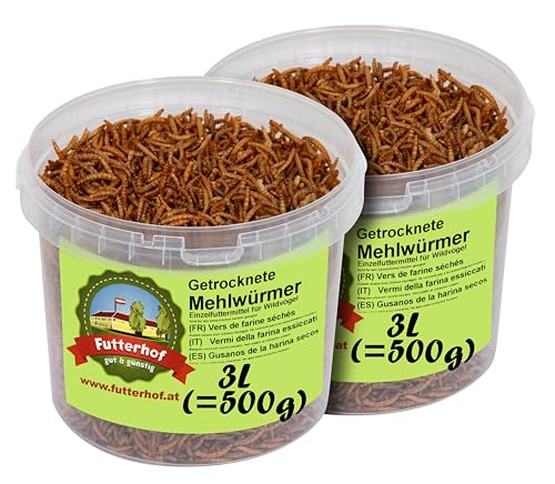 Futterhof getrocknete Mehlwürmer 2x3 L Eimer (2x500 g = 1000 g), Premium Qualität von Futterhof