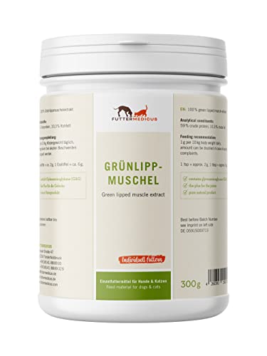 Futtermedicus Grünlippmuschel-Extrakt | 300 g | Ergänzungsfuttermittel für Hunde und Katzen | Für Senioren | Natürlicher Mix aus GAGs, Omega-3-Fettsäuren und Mineralstoffen von Futtermedicus