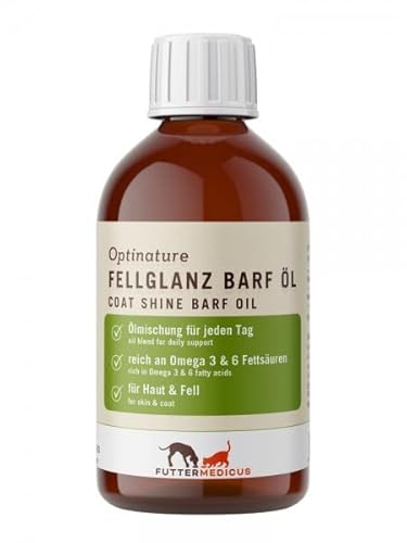 Futtermedicus Optinature Fellglanz Barf Öl | 250 ml | Ergänzungsfuttermittel für Hunde und Katzen | Zur Unterstützung der Haut- und Fellfunktion | Mit einem Plus an Vitamin E von Futtermedicus