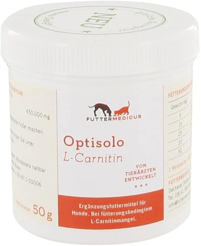 Futtermedicus Optisolo L-Carnitin | 50 g | Ergänzungsfuttermittel für Hunde & Katzen | Aminosäurenreicher Futterzusatz für Hunde und Katzen | Gut geeignet für Sporthunde von Futtermedicus