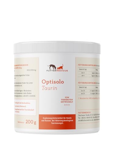 Futtermedicus Optisolo Taurin | 200 g | Ergänzungsfuttermittel für Hunde und Katzen | Bei ernährungsbedingtem Taurinmangel | Zum BARFen und Kochen geeignet | Geschmacksneutral von Futtermedicus