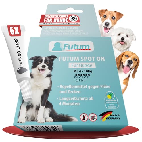 NEU FUTUM Spot On Hund 6 x 1,2 ml – Floh und Zeckenschutz für Hunde – Zeckenmittel für Hunde mit Aktivstoffen Lemon Eukalyptus– Effektiver Zeckenschutz Hund – Nachhaltiger Zecken und Flohschutz Hunde von Futum