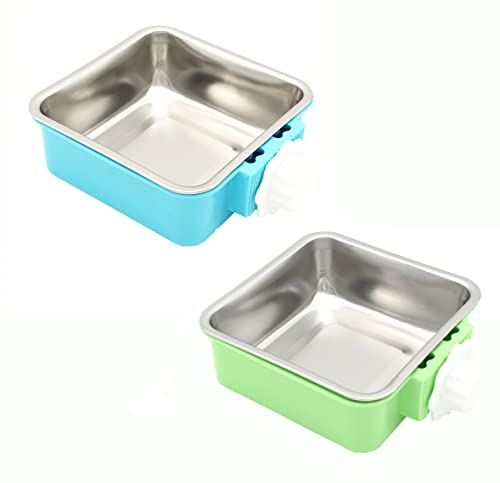 Fuwok 2-in-1 Abnehmbarer Hundenapf für Kisten Welpenfutter Futterspender Wassernapf mit Bolzenhalter Edelstahl Haustier Hängeschüssel Futter Wassernapf 2 Stück/Set (groß-quadratisch, blau und grün) von Fuwok