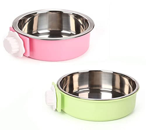 Fuwok 2-in-1 abnehmbarer Hundenapf für Kisten, Welpenfutter, Wassernapf mit Bolzenhalter, Edelstahl, zum Aufhängen, 2 Stück/Set (groß, rund, rosa und grün) von Fuwok