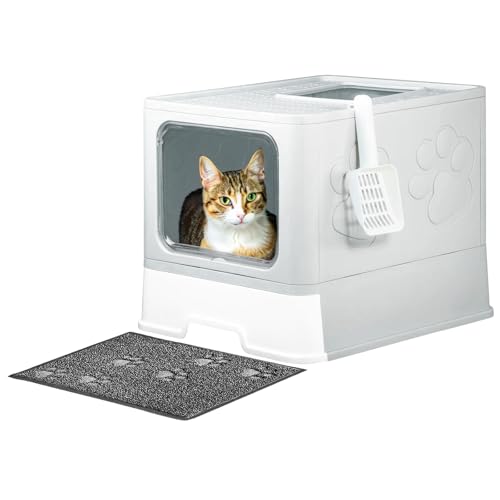 Upgrade abgedeckte Katzentoilette, kein Auslaufen, Katzentoilette mit Katzentoilette und Schaufel, Vordereingang oben Ausgang Katzentoilette mit Deckel, einfache Reinigung, Katzentoilette (Grau) von Fuxopo