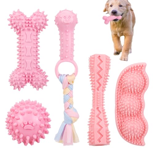 Fuyamp 5 Stück Welpen-Kauspielzeug für zahnende Welpen, weiches Gummi, niedlich, rosa, Hundespielzeug, Zahnreinigung, Zahnspielzeug, weiches Gummiseil, Hundespielzeug, lustige Knochenballreinigung, von Fuyamp