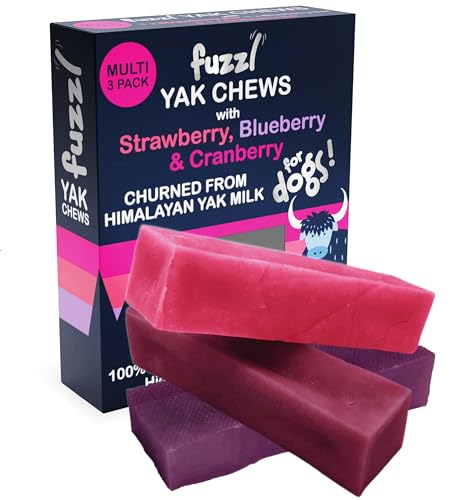 Fuzzl Yak Kaukäse für Hunde - 3er Pack Erdbeere, Blaubeere, Cranberry - 195g Hundeleckerli aus Himalaya Yak Milch von Fuzzl