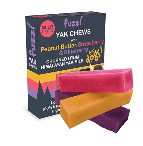 Fuzzl Yak Kausnacks - 3er Pack Erdnussbutter, Erdbeere, Blaubeere - 210g -Hundeleckerli aus Himalaya Yak Milch von Fuzzl