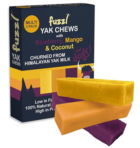 Fuzzl Yak Kausnacks für Hunde - 3er Pack Blaubeere, Mango, Kokosnuss - 195g Hundeleckerli aus Himalaya Yak Milch von Fuzzl