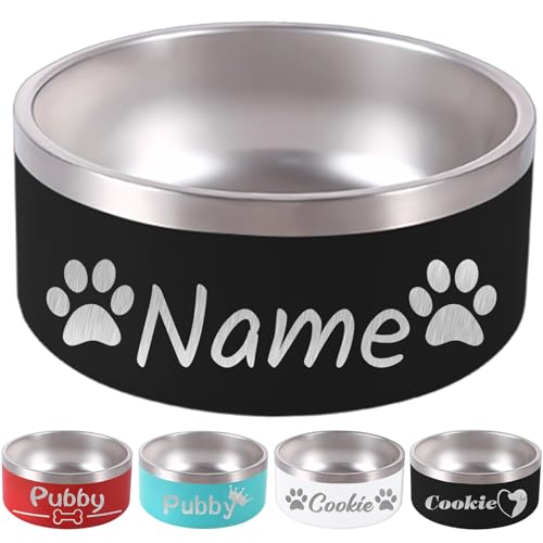 64OZ Personalisierter Hundenapf mit Lasergravur und individuellem Tiernamen 18/32/42/64oz rutschfeste, isolierte, bissfeste Edelstahl-Wassernäpfe-Schwarz von FwSYouMAI
