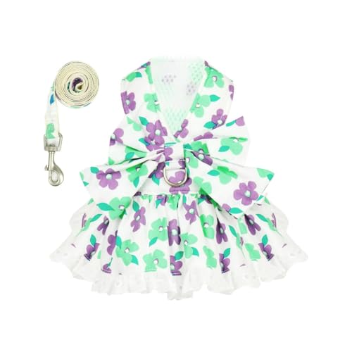 Fycakly Hundekleider Süßes Hundekleid mit Blumenmuster und Leine für kleine Hunde und Katzen, Sommer-Outfit mit Schleife für Welpen, Haustierkleidung aus Spitze für Hündinnen (A, L) von Fycakly