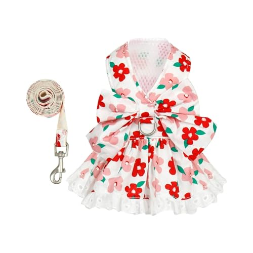 Fycakly Hundekleidung Kleine Hunde Süßes Hundekleid mit Blumenmuster und Leine für kleine Hunde und Katzen, Sommer-Outfit mit Schleife für Welpen, Haustierkleidung aus Spitze für Hündinnen (A, S) von Fycakly