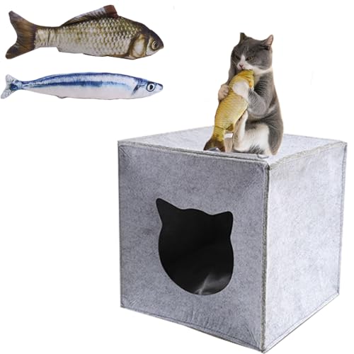 Fycooler Katzenhöhle aus Filz Faltbare Kuschelhöhle für Katzen Regalhöhle 33x37x33cm, Hunde Katzen Katzenkorb für IKEA Regal Kallax und Expedit mit Fischspielzeug, Spielzeug mit Katzenminze von Fycooler