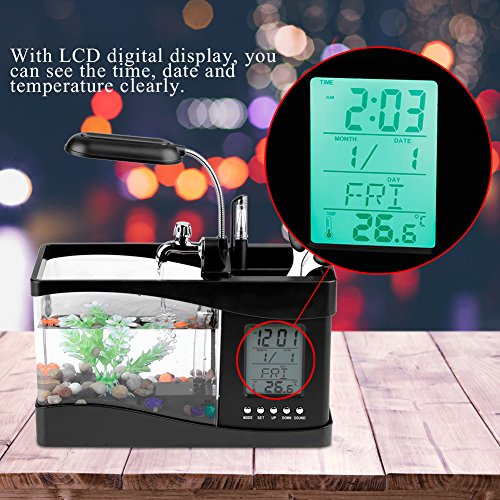 Fydun Multifunktionales, über USB Wiederaufladbares Mini-Aquarium mit Uhrfunktion, LED-Licht, Weiß, für Familien (Black) von Fydun