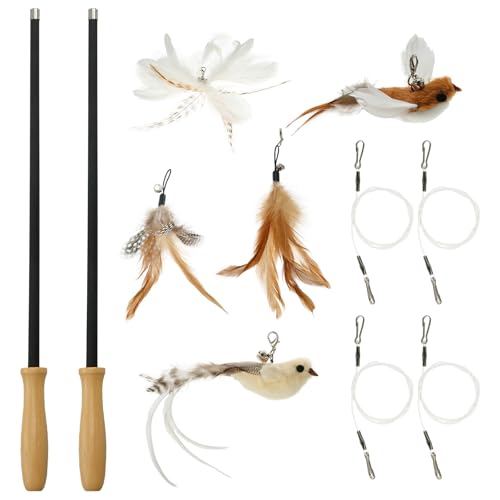 2 Stück Katzenangel Lang mit 3 Positionen Teleskopstange 107cm Katzenspielzeug Angel mit 2 Vogel 3 Federn Holzgriff Katzenspielzeug Vogel Geeignet für Große Mittelgroße Kleine Katzen von Fyeme