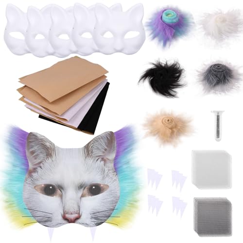 6 Stück Katzenmasken Set DIY Mask mit Blanko Malmaske Schwarz Weißes Tarnnetz Filzstreifen Katzenmasken Zum Bemalen für Halloween Weihnachten Mottopartys (Farbe) von Fyeme