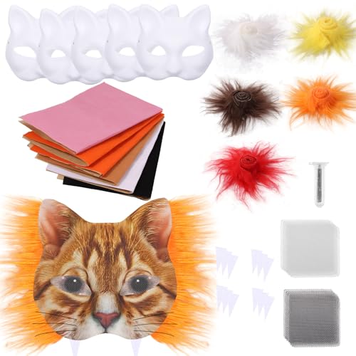 Fyeme 6 Stück Katzenmasken Set DIY Mask mit Blanko Malmaske Schwarz Weißes Tarnnetz Filzstreifen Katzenmasken Zum Bemalen für Halloween Weihnachten Mottopartys (Orange) von Fyeme