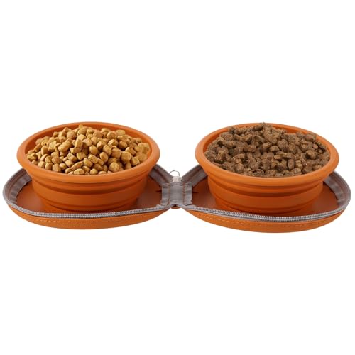 Hundenapf Faltbar Tragbar 25 Unzen Silikon Material Katzen Hunde Doppelnapf Futternapf Trinknapf Design mit Tasche Haken für Reisen Camping Wandern Spaziergänge (Braun) von Fyeme