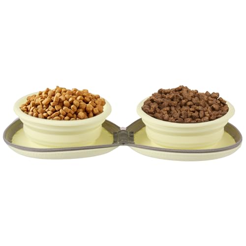 Hundenapf Faltbar Tragbar 25 Unzen Silikon Material Katzen Hunde Doppelnapf Futternapf Trinknapf Design mit Tasche Haken für Reisen Camping Wandern Spaziergänge (Gelb) von Fyeme