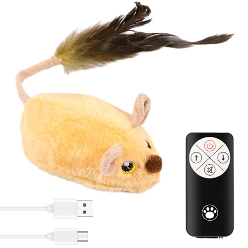Katzenspielzeug Elektrisch Spielmaus mit Federschwanz Katzenspielzeug Maus Elektrisch mit LED Licht USB Realistische Mausgeräusche Interaktive Spielzeug Maus für Katze Hunde (Gelb + Fernbedienung) von Fyeme