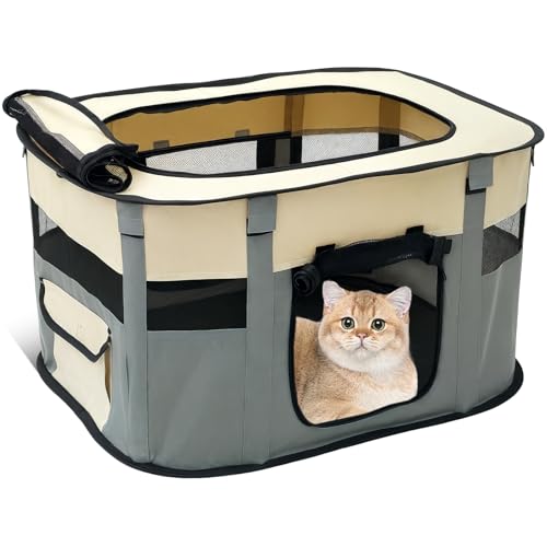 Tragbarer Haustierstall 70×55×40cm Laufstall Hund mit Aufbewahrungstasche Faltbar Wasserdichtem Oxford Laufstall Katze Geeignet für Kleine Hunde Katzen Kaninchen und Kleintiere (Grau) von Fyeme