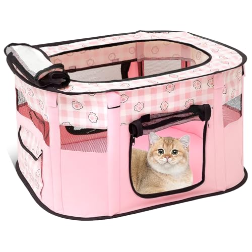 Tragbarer Haustierstall 70×55×40cm Laufstall Hund mit Aufbewahrungstasche Faltbar Wasserdichtem Oxford Laufstall Katze Geeignet für Kleine Hunde Katzen Kaninchen und Kleintiere (Rosa) von Fyeme