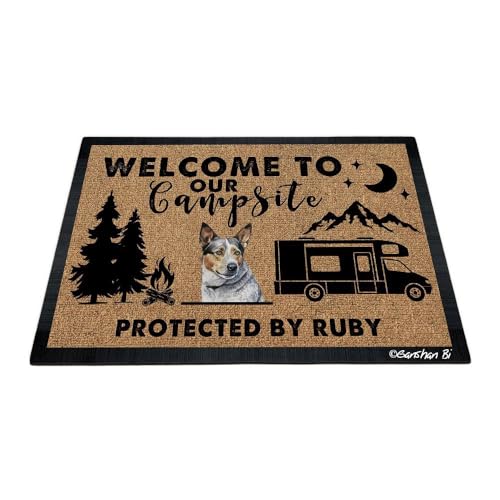 GABSHAIM Fußmatte mit Aufschrift "Welcome to Our Camps", lustiger Rinderhund, australischer Aquarell, Hund, Camping, Anhänger, Wohnmobil, Fußmatte (21 Wohnmobile optional), 60 x 40 cm von GABSHAIM