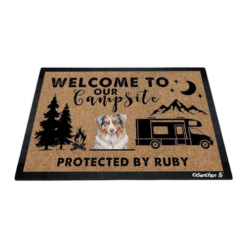 GABSHAIM Fußmatte mit Aufschrift "Welcome to Our Camps", lustiger australischer Schäferhund, Aquarell, Hund, Camping, Anhänger, Wohnmobil, Fußmatte, Bodenmatte (21 Wohnmobile optional), 89,9 x 60,9 cm von GABSHAIM