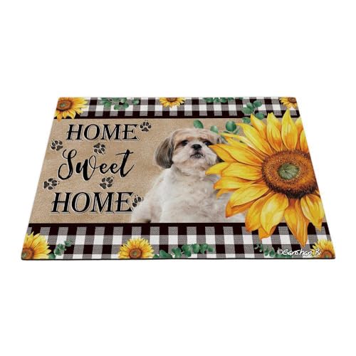 GABSHAIM Fußmatte mit lustigem Shih Tzu-Hund, Sonnenblumen, Willkommens-Fußmatte, Motiv: Sweet Home, Buffalo Plaid Bodenmatte, Heimdekoration, Teppich, 60 x 40 cm, Stil 2 von GABSHAIM