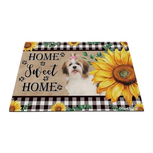 GABSHAIM Fußmatte mit lustigem Shih Tzu-Hund, Sonnenblumen, Willkommens-Fußmatte, Motiv: Sweet Home, Buffalo Plaid Bodenmatte, Heimdekoration, Teppich, 60 x 40 cm, Stil 3 von GABSHAIM