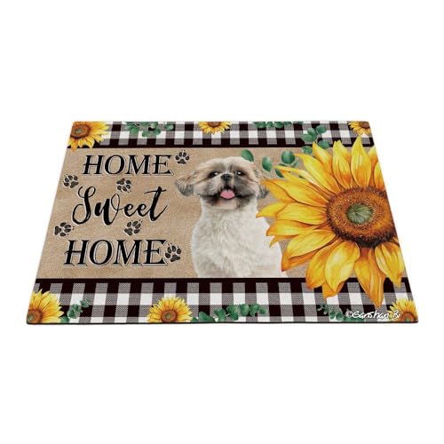 GABSHAIM Fußmatte mit lustigem Shih Tzu-Hund, Sonnenblumen, Willkommens-Fußmatte, Motiv: Sweet Home, Buffalo Plaid Bodenmatte, Heimdekoration, Teppich, 60 x 40 cm, Stil 7 von GABSHAIM