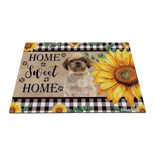 GABSHAIM Fußmatte mit lustigem Shih Tzu-Hund, Sonnenblumen, Willkommensmotiv, Buffalo, kariert, Bodenmatte, Heimdekoration, Teppich, 60 x 40 cm, Stil 4 von GABSHAIM