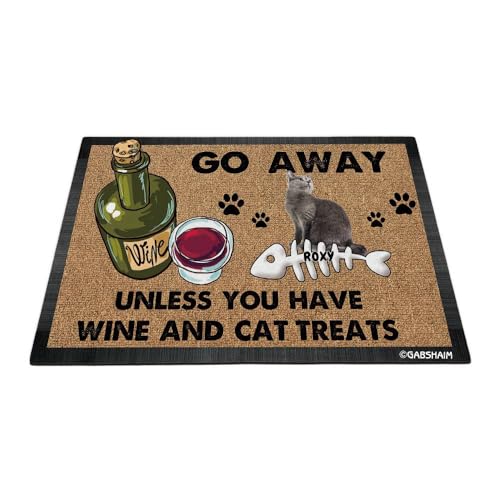GABSHAIM Fußmatte mit lustiger russischer blauer Katze, personalisierbar, Aufschrift "Go Away Unless You Have Cat Treats", Bodenmatte für Eingangstür, 69,8 x 45 cm von GABSHAIM