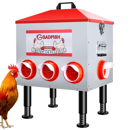 GADFISH Automatischer Hühner-Futterspender mit großer Kapazität, 25 kg, 8 Futteröffnungen, Anti-Abfall-Design, höhenverstellbare Beine & sicherer Verschlussdeckel für Hühner, Enten und Geflügel von GADFISH